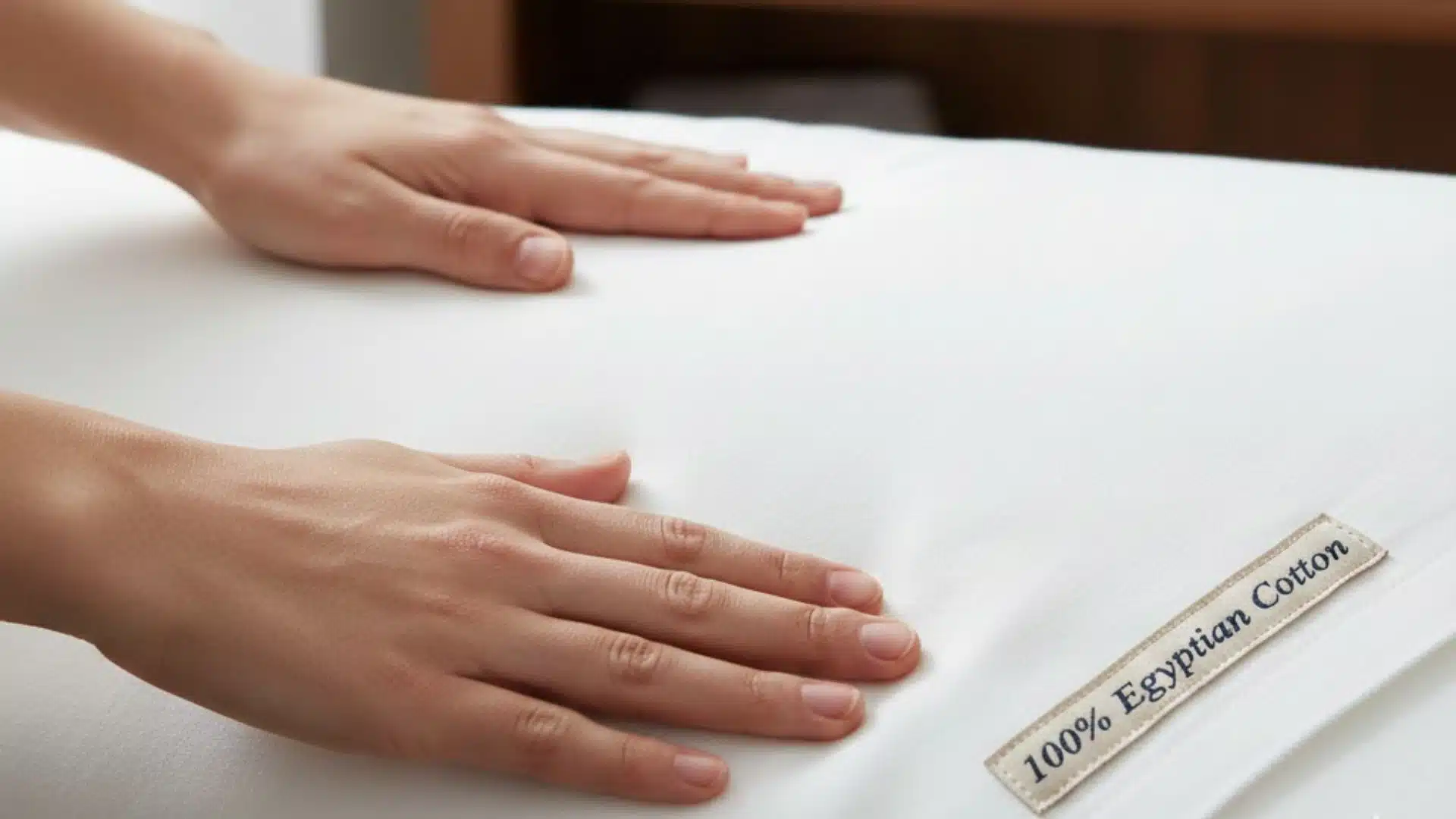 hands feeling smooth white egyptian cotton fabric beside a label, showing how to check softness and product authenticity