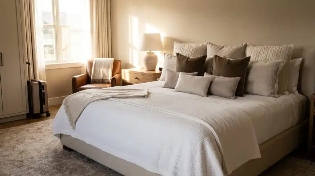 hyper realistic bedroom with layered shams and textured bedding softly lit for a cozy inviting look