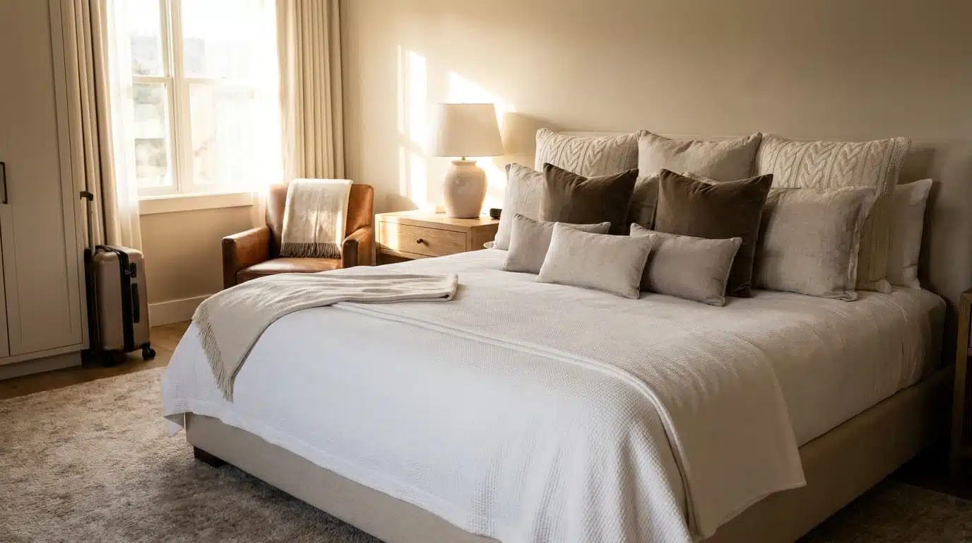hyper realistic bedroom with layered shams and textured bedding softly lit for a cozy inviting look