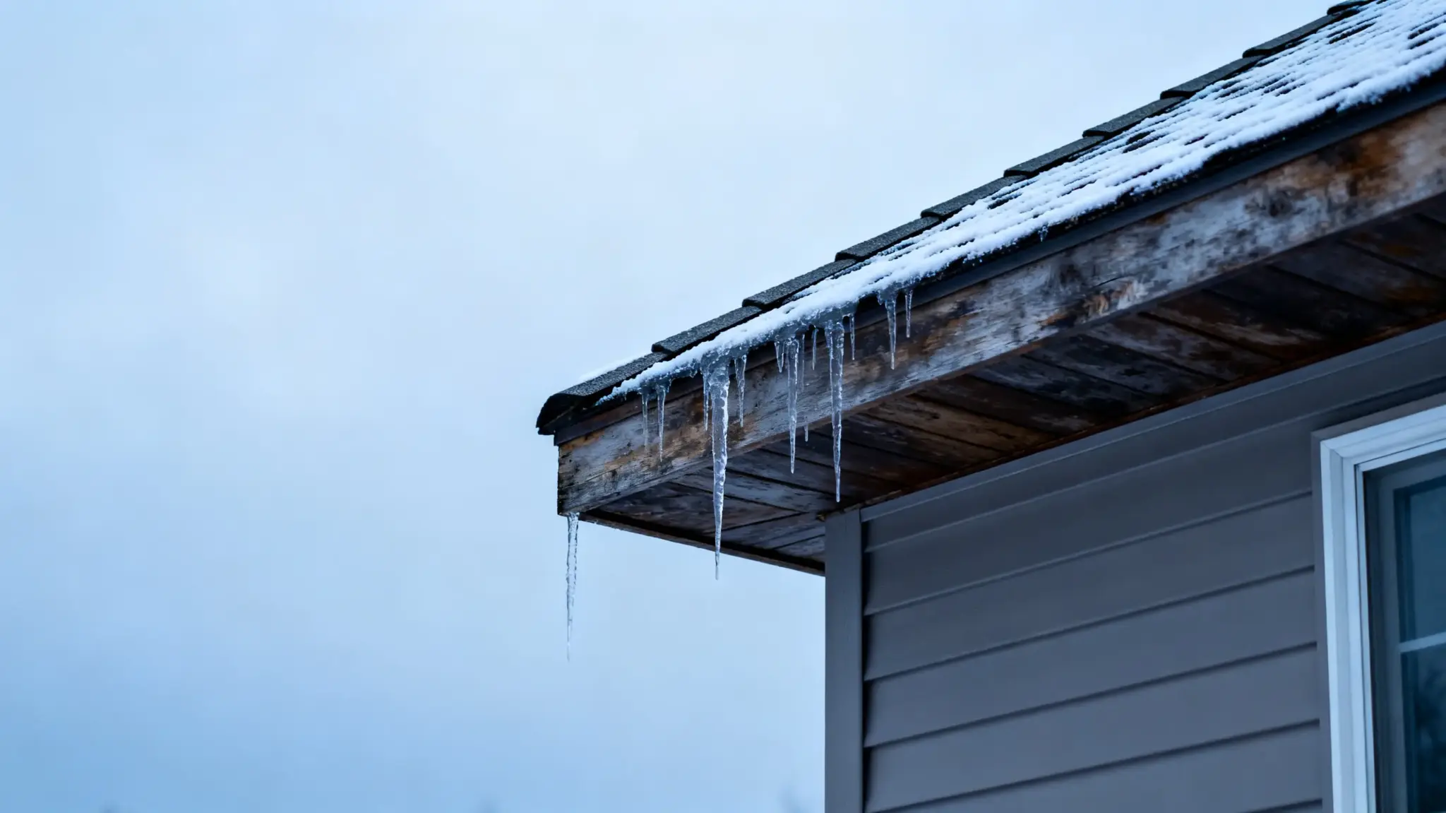 Icicles hanging from a snow-covered roof edge of a house under cloudy sky
