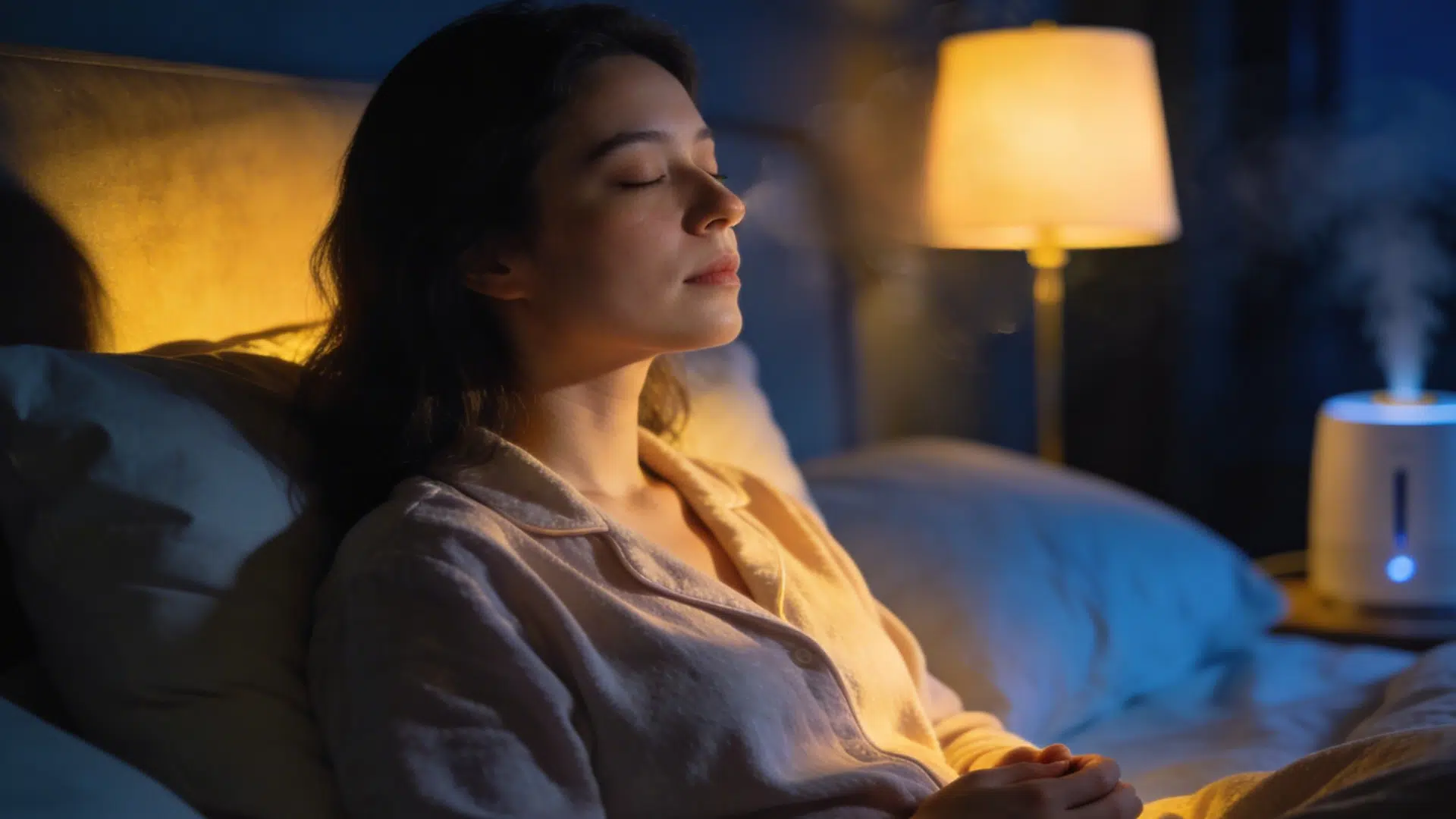 individual wearing comfortable, soft-textured sleepwear, embodying a state of deep relaxation