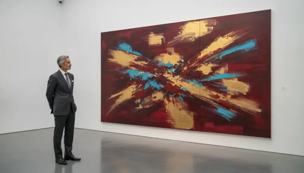 Man in suit admiring large abstract painting in modern gallery setting