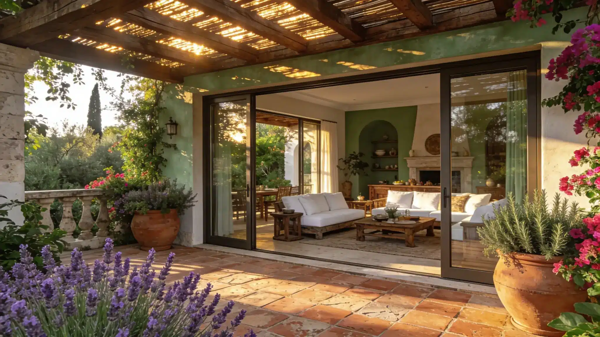 luxurious Mediterranean-style terrace seamlessly merging with an elegant interior living space through expansive, open floor-to-ceiling sliding glass doors