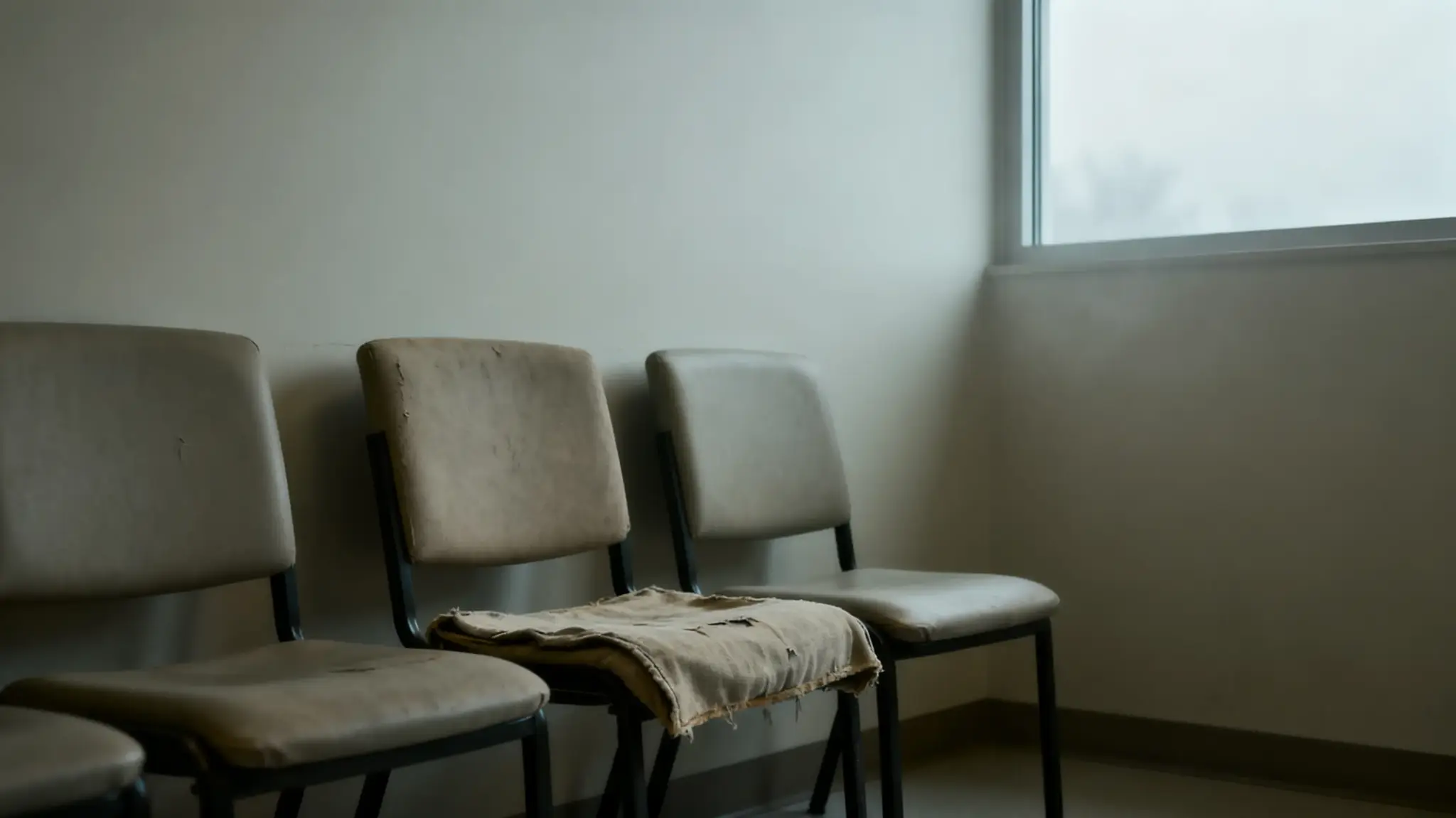 Series of empty beige chairs with worn fabric in a dimly lit waiting room