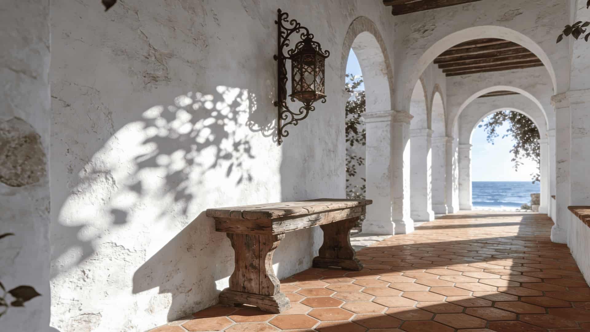 mediterranean hallway with arched doorways, plaster walls, terracotta tile flooring, and wrought iron sconce