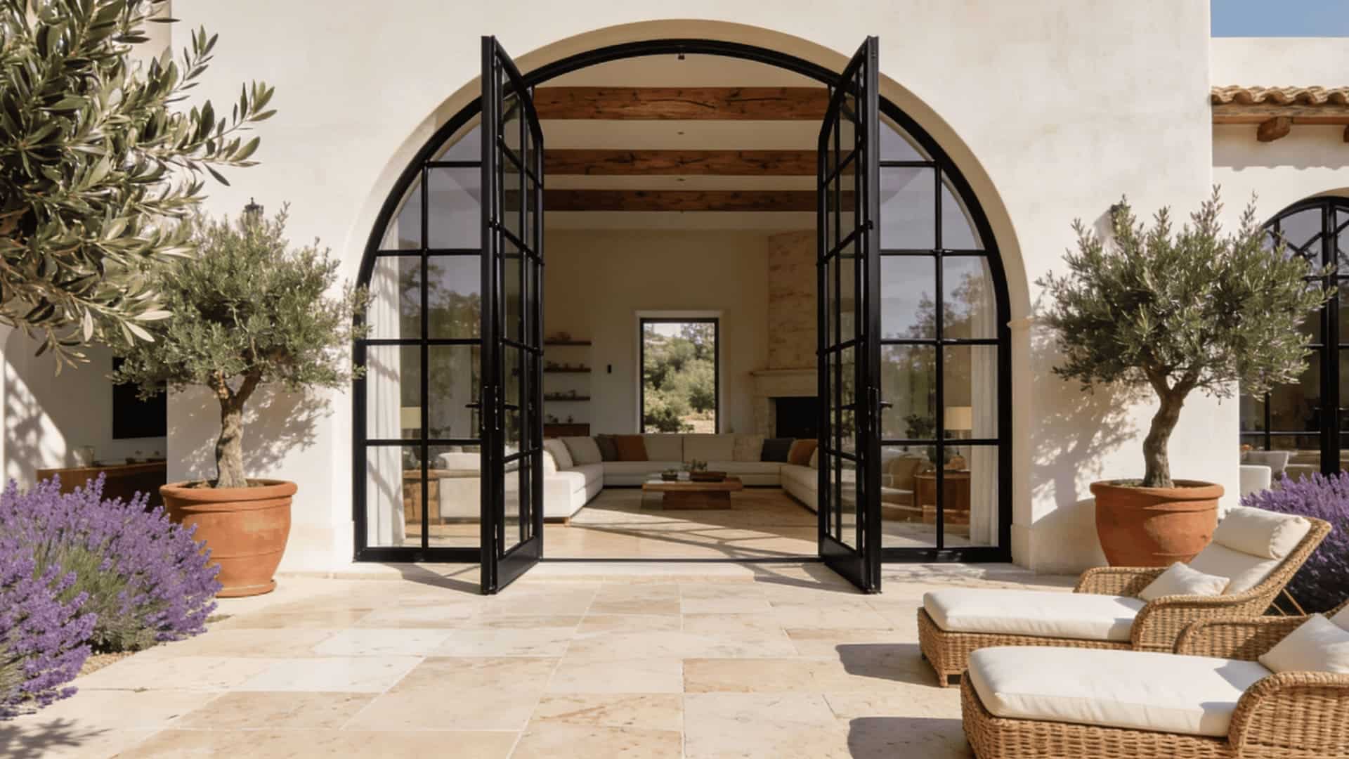 mediterranean interior with arched glass doors opening to a terrace with olive trees and wicker chairs