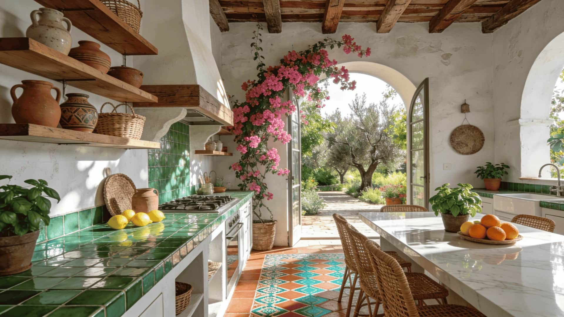 mediterranean kitchen with terracotta floors, green tile counters, open shelving, and arched garden doorway