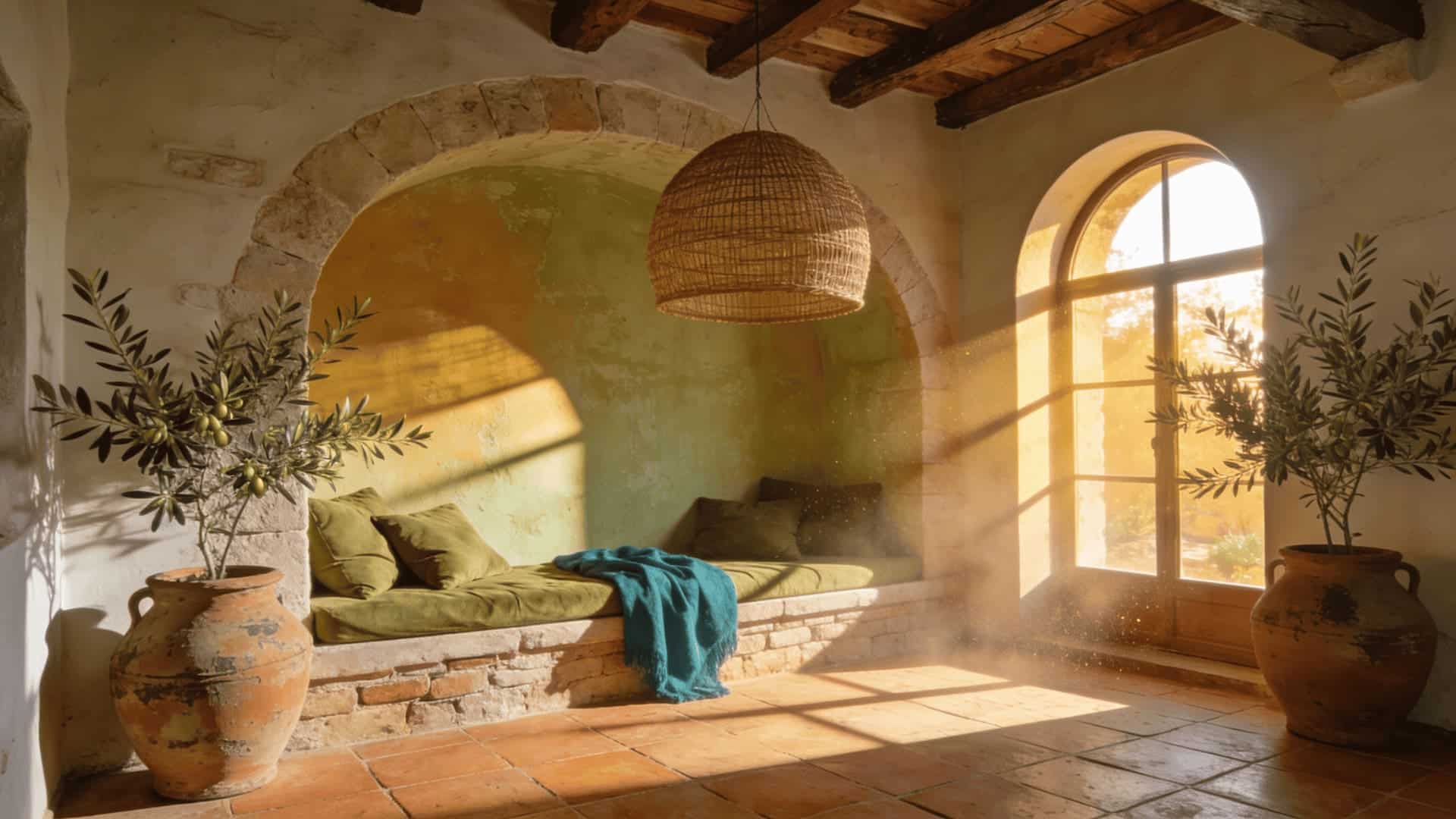 mediterranean sitting area with sandy beige walls, olive green cushions, and rattan pendant light