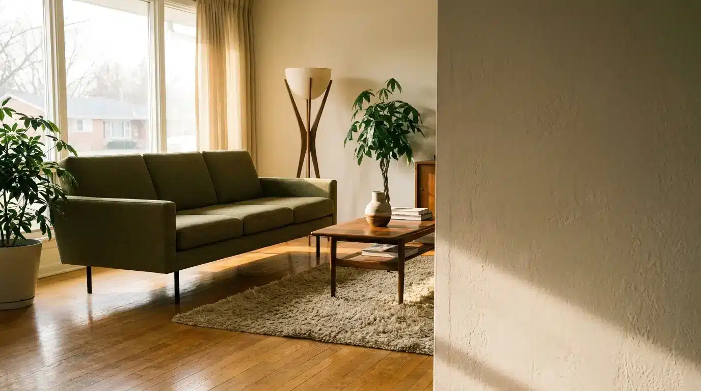 Mid-century modern living room with green sofa, wooden coffee table, and large potted plants in natural light