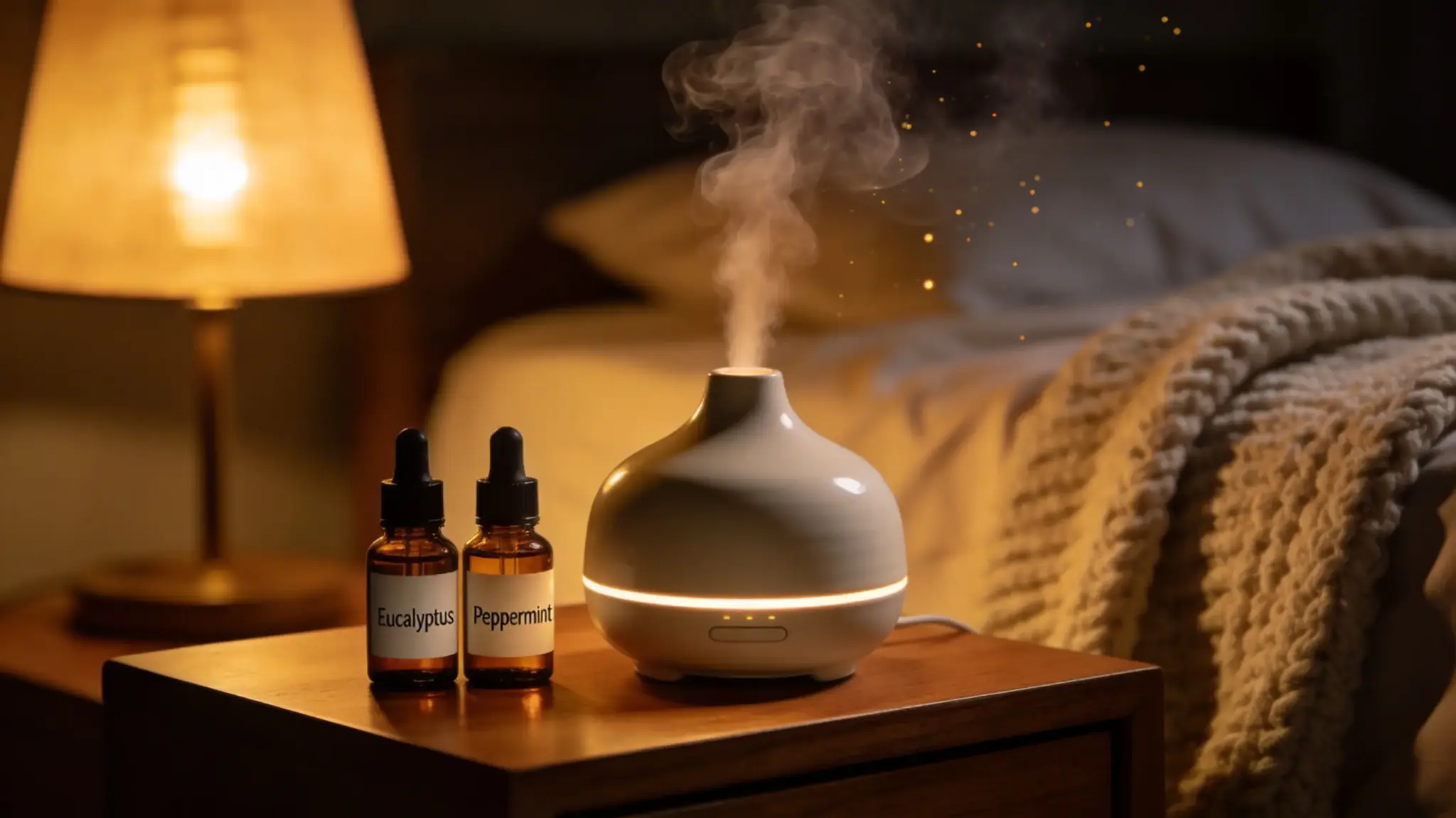 modern ceramic essential oil diffuser sitting on a polished oak nightstand, emitting a steady, swirling plume of cool mist