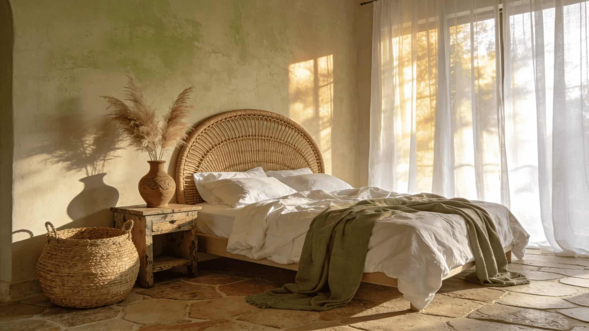 modern mediterranean bedroom with linen bedding, rattan headboard, earthy tones, and sheer curtains