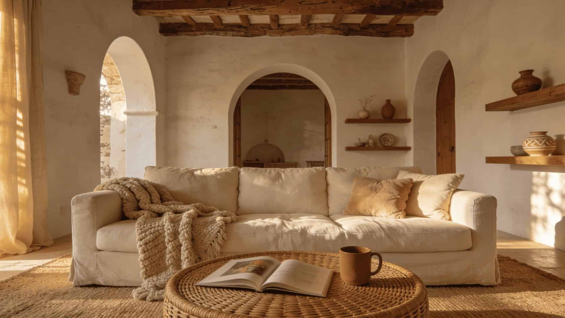 modern mediterranean living room with linen sofa, rattan coffee table, jute rug, and ceramic decor