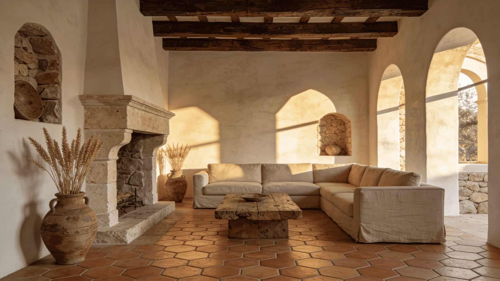 modern mediterranean living room with plaster walls, wooden beams, terracotta tiles, and ceramic vases