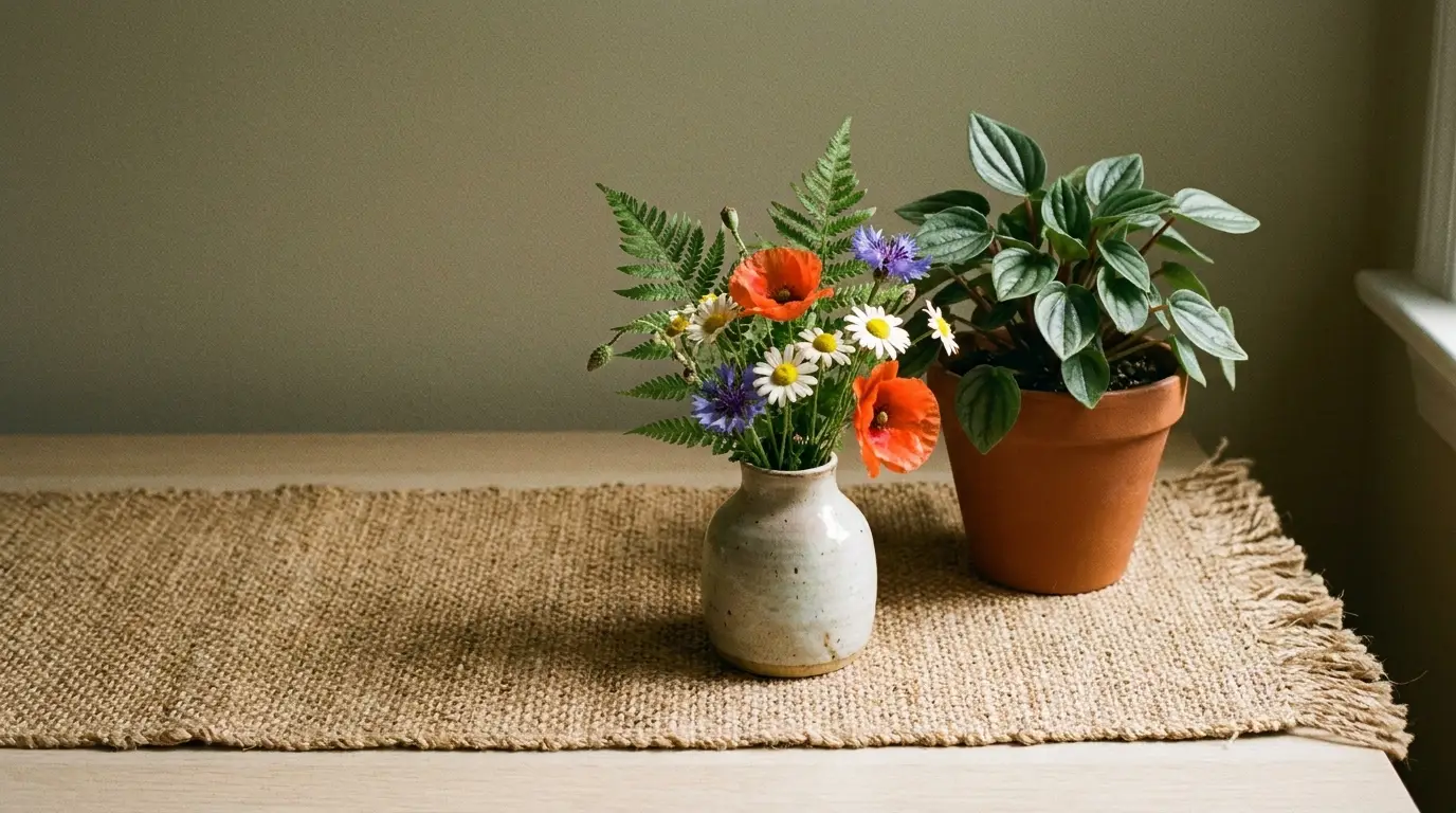 Vase of colorful wildflowers and potted plant on woven table mat in soft natural light