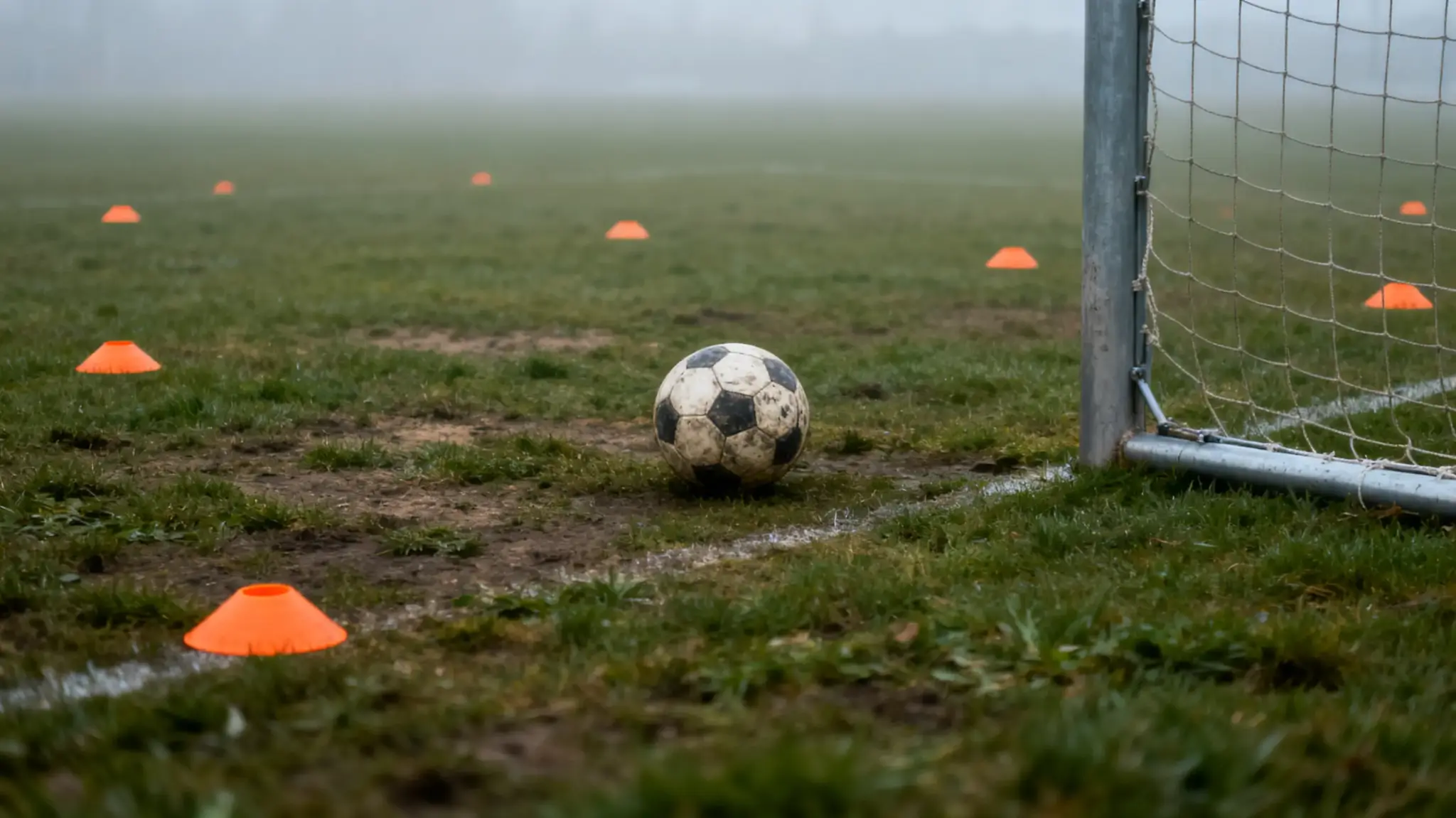 Soccer ball near goalpost with orange cones on foggy field