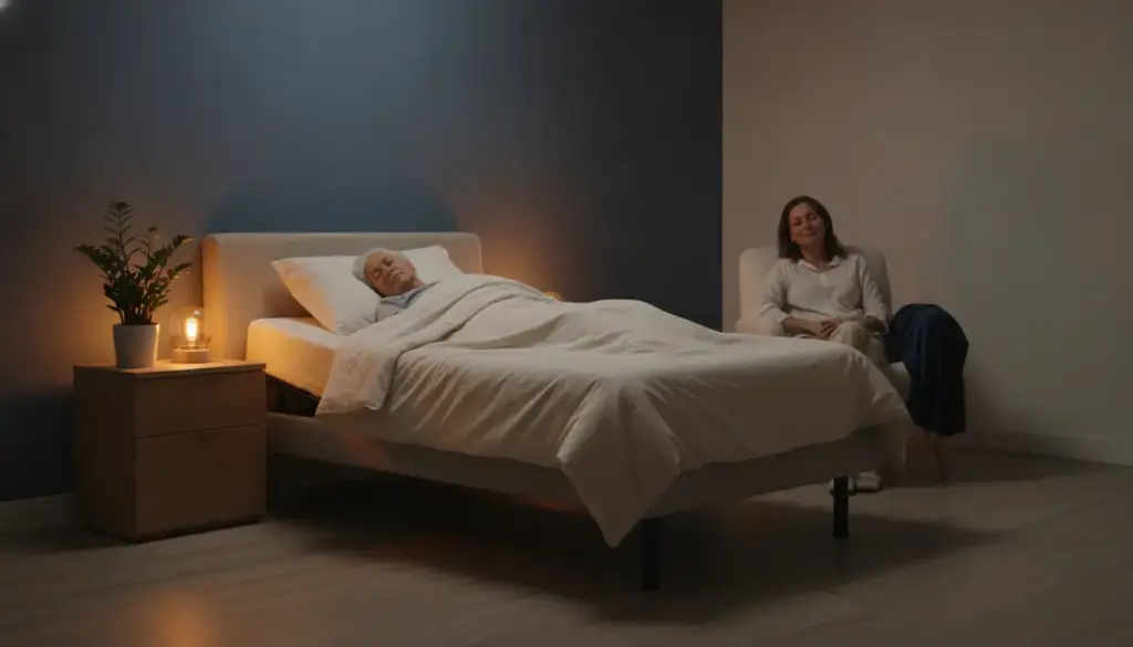 Elderly person sleeping in bed with a bedside lamp, woman sitting nearby in dim room