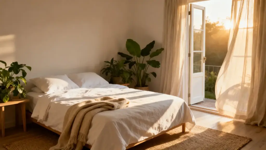 Cozy bedroom with white bedding, indoor plants, and sunlight streaming through open door
