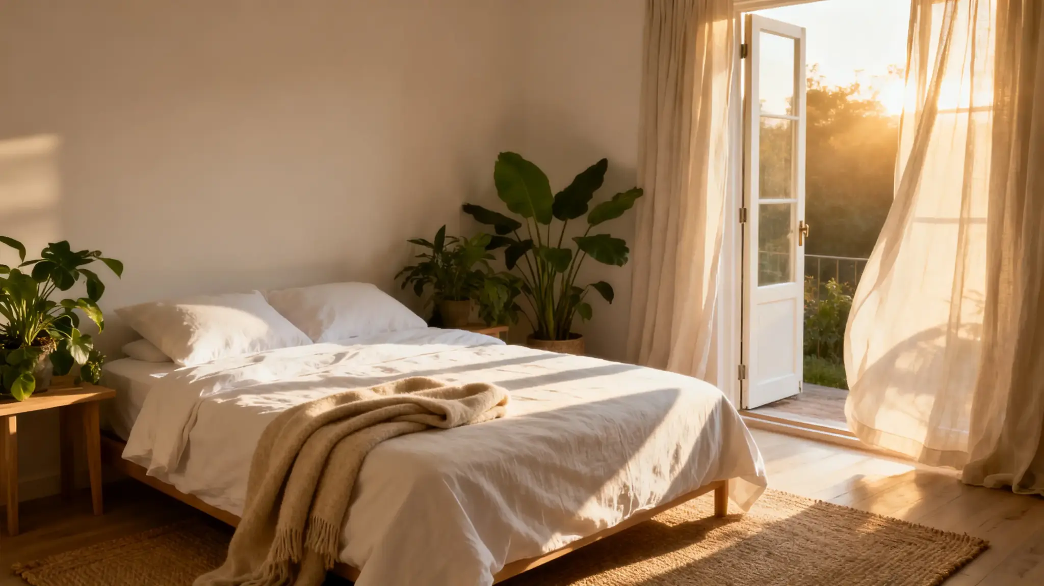 Cozy bedroom with white bedding, indoor plants, and sunlight streaming through open door