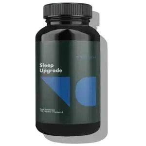 Black bottle with blue and white label featuring the text "Sleep Upgrade" on a white background
