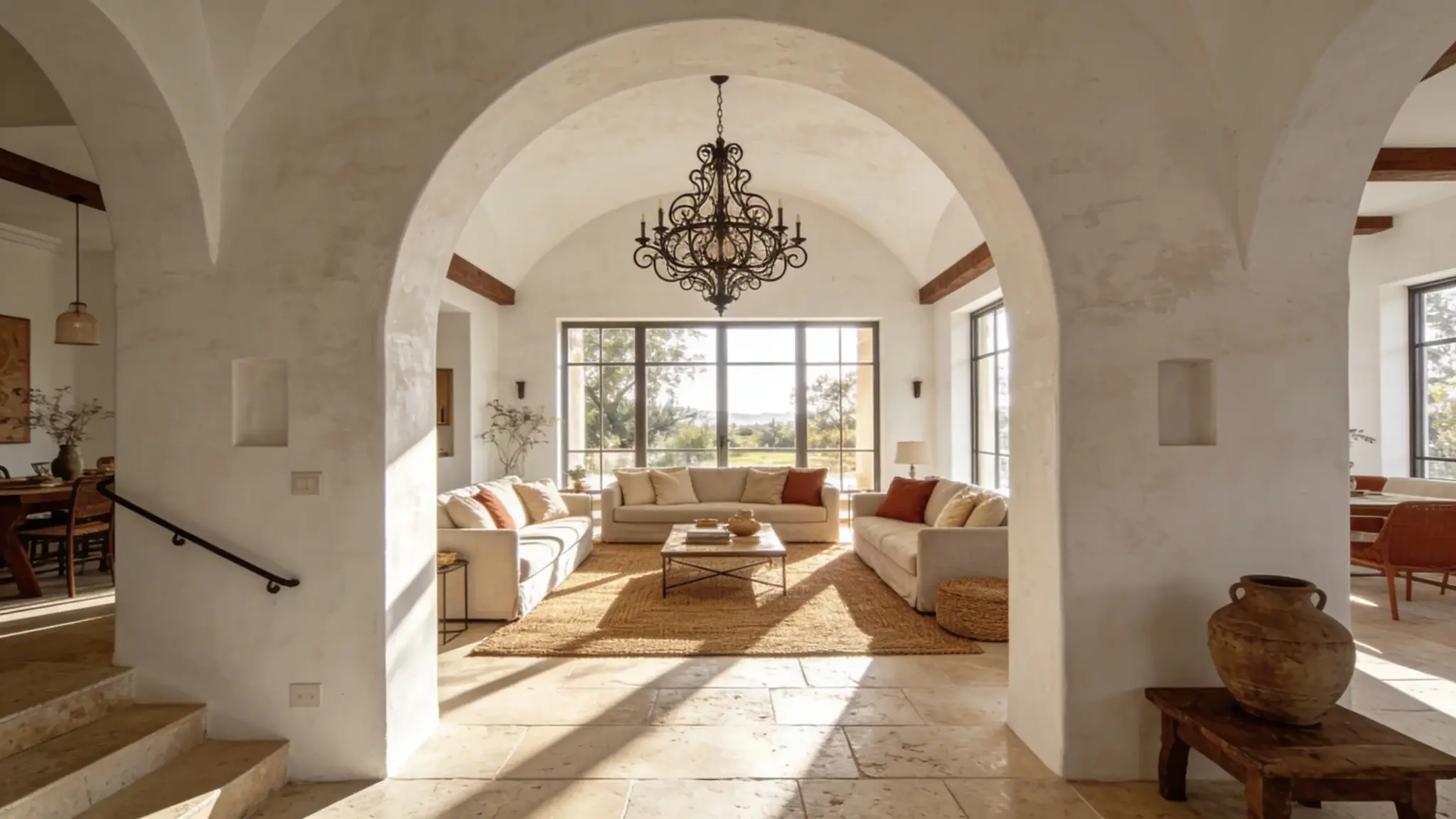 open-concept Modern Mediterranean interior showcasing a seamless transition from a welcoming entryway to a spacious living room