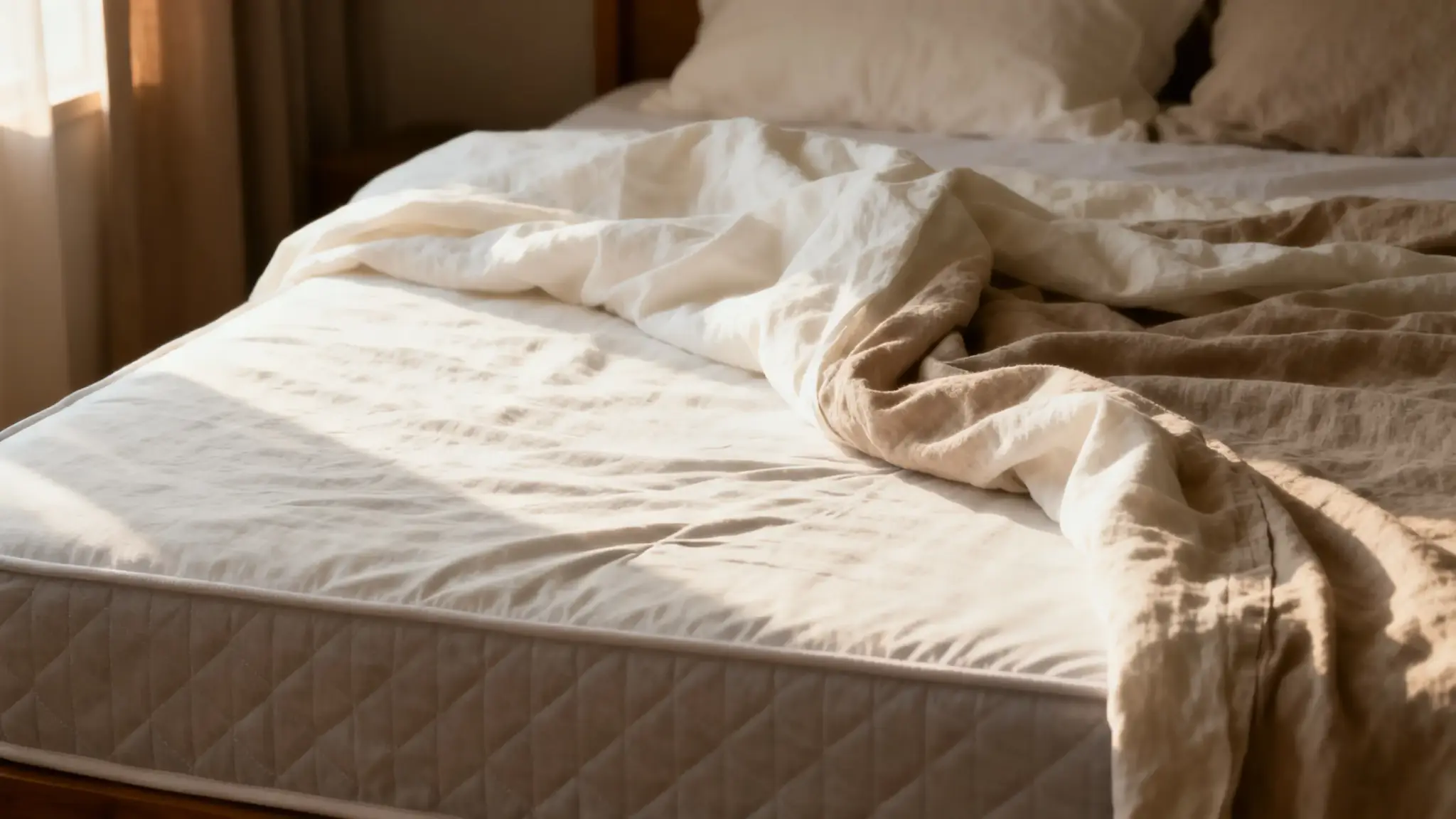 Unmade bed with beige and white linens in softly lit bedroom