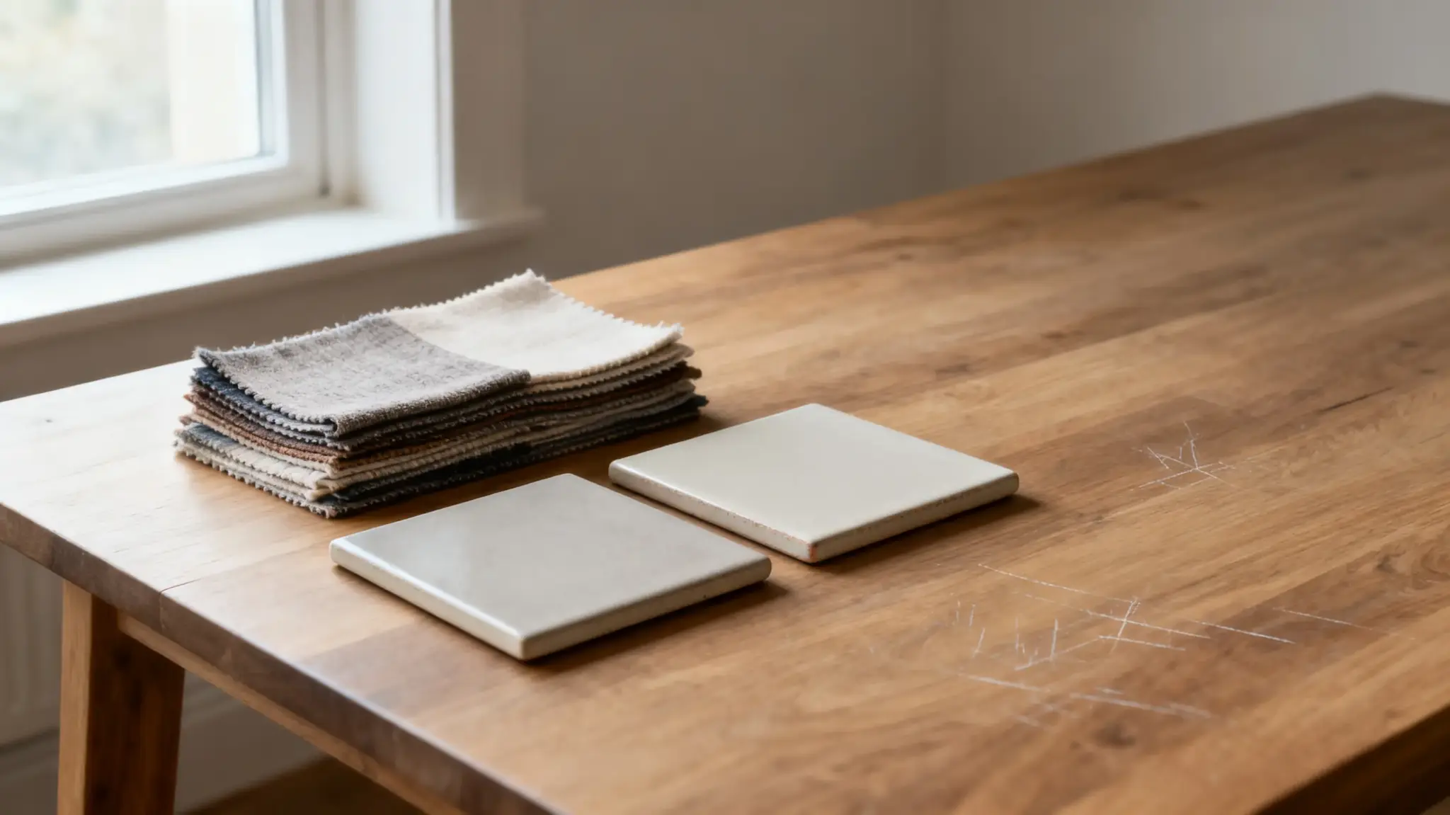 Fabric swatches and ceramic tiles on wooden table by a window in natural light