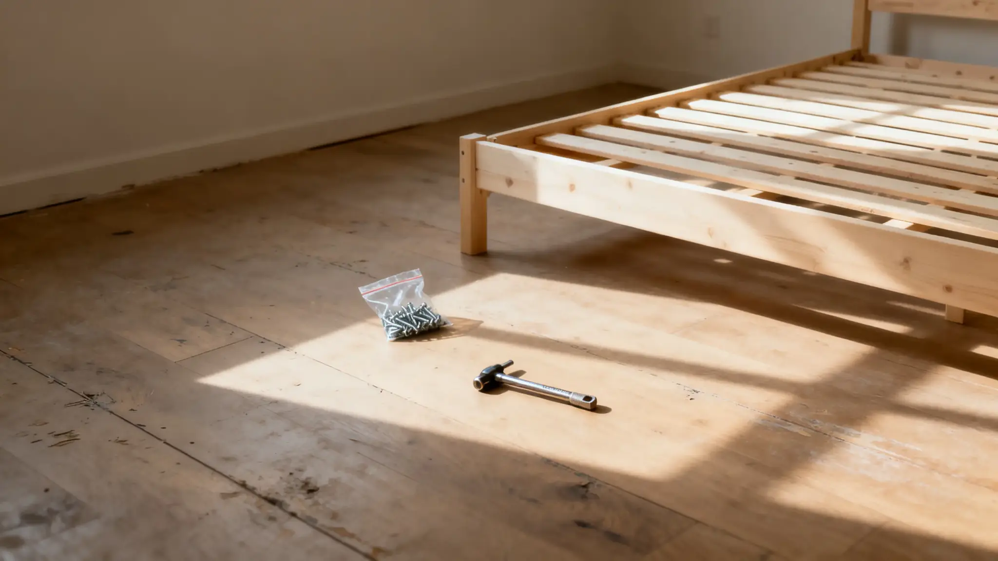 Wooden bed frame assembly with screws and a wrench on sunlit floor