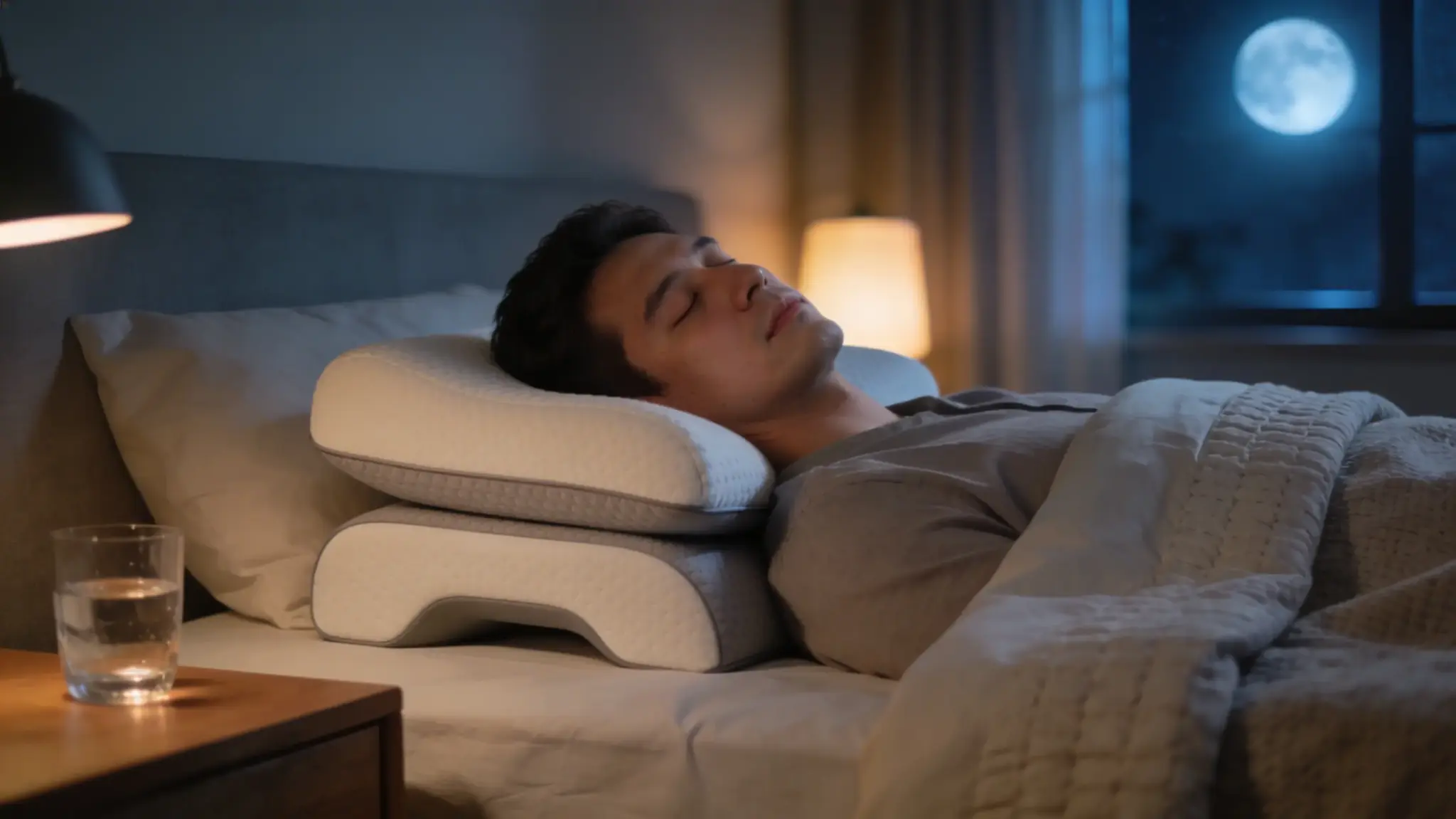 peaceful individual sleeping soundly in a comfortable modern bed, exhibiting a relaxed facial expression indicating clear breathing