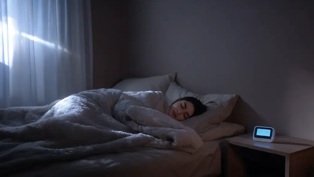 person sleeping peacefully beside a sleep tracker in a calm bedroom at night