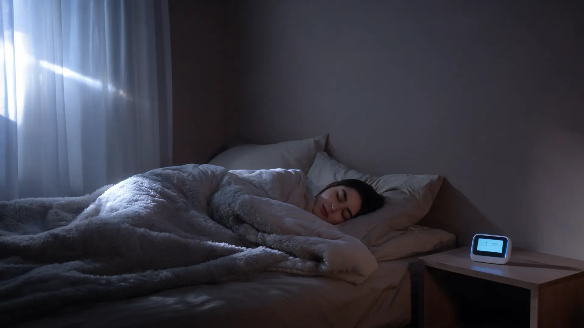 person sleeping peacefully beside a sleep tracker in a calm bedroom at night