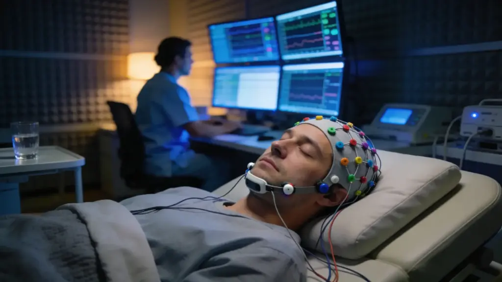 person undergoing nap check test in sleep lab with sensors attached, resting on bed while monitoring equipment records sleep patterns