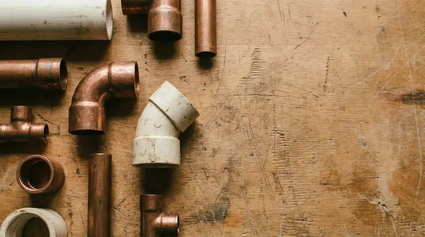 Copper and PVC plumbing pipes and fittings on scratched wooden surface