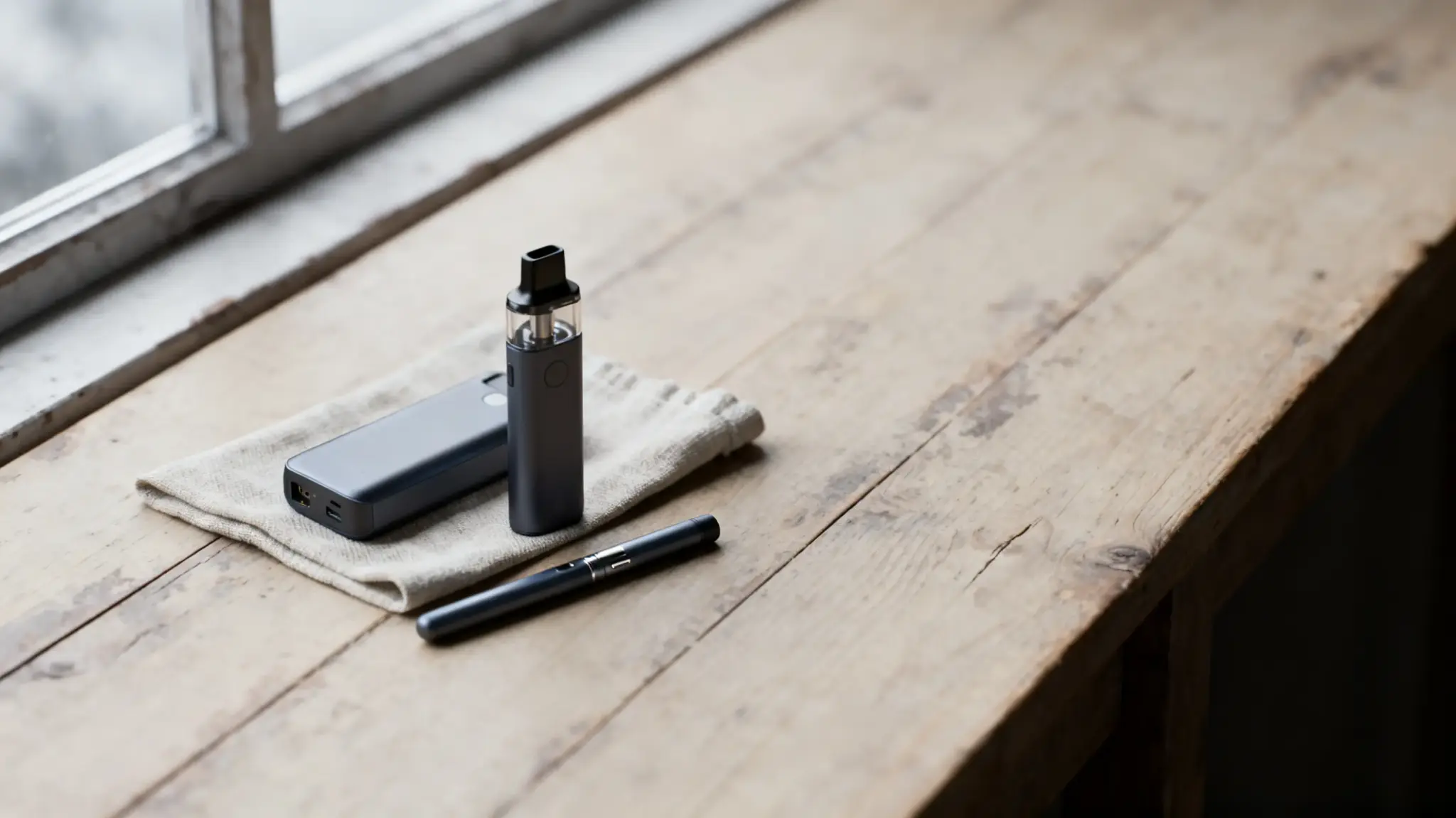 Vape device and accessories on rustic wooden table near window in natural light