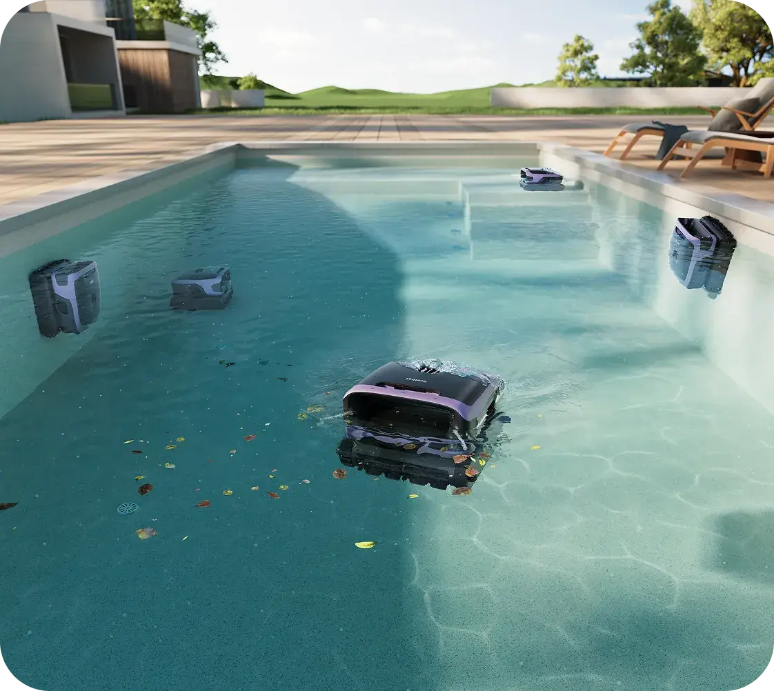 Robotic pool cleaners operating in a clear swimming pool with fallen leaves