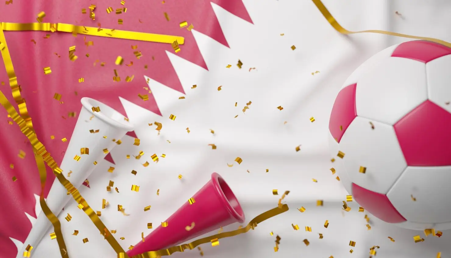 Soccer ball and vuvuzelas with confetti against Qatar flag background