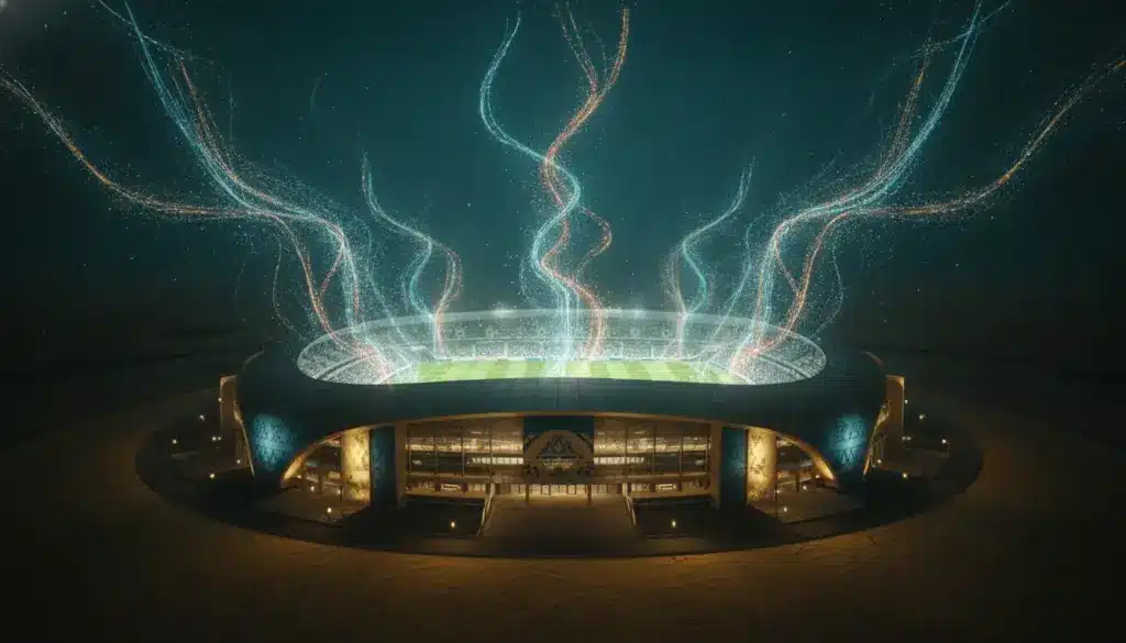 Illuminated sports stadium with vibrant energy trails glowing against nighttime sky