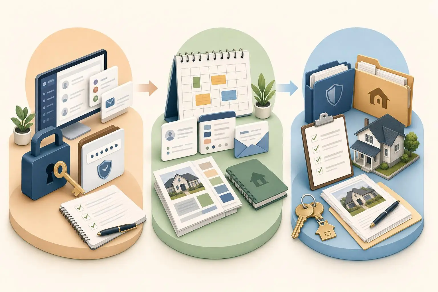 Illustration of digital security, planning, and real estate management processes with keys and documents