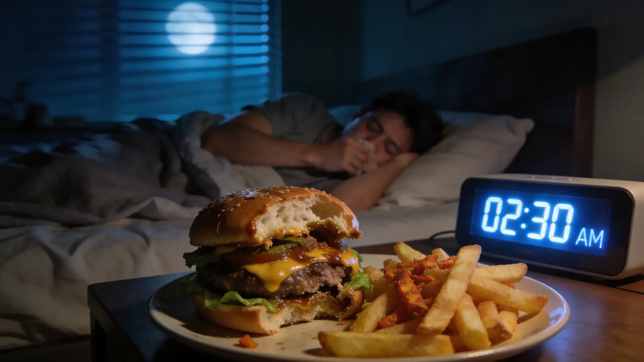 restless sleeper lying in bed late at night, visible expression of discomfort and mild congestion, illustrating the negative effects of a late heavy meal