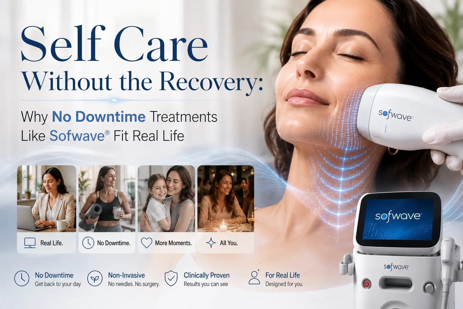 Woman receiving non-invasive facial treatment with Sofwave device in relaxing indoor setting