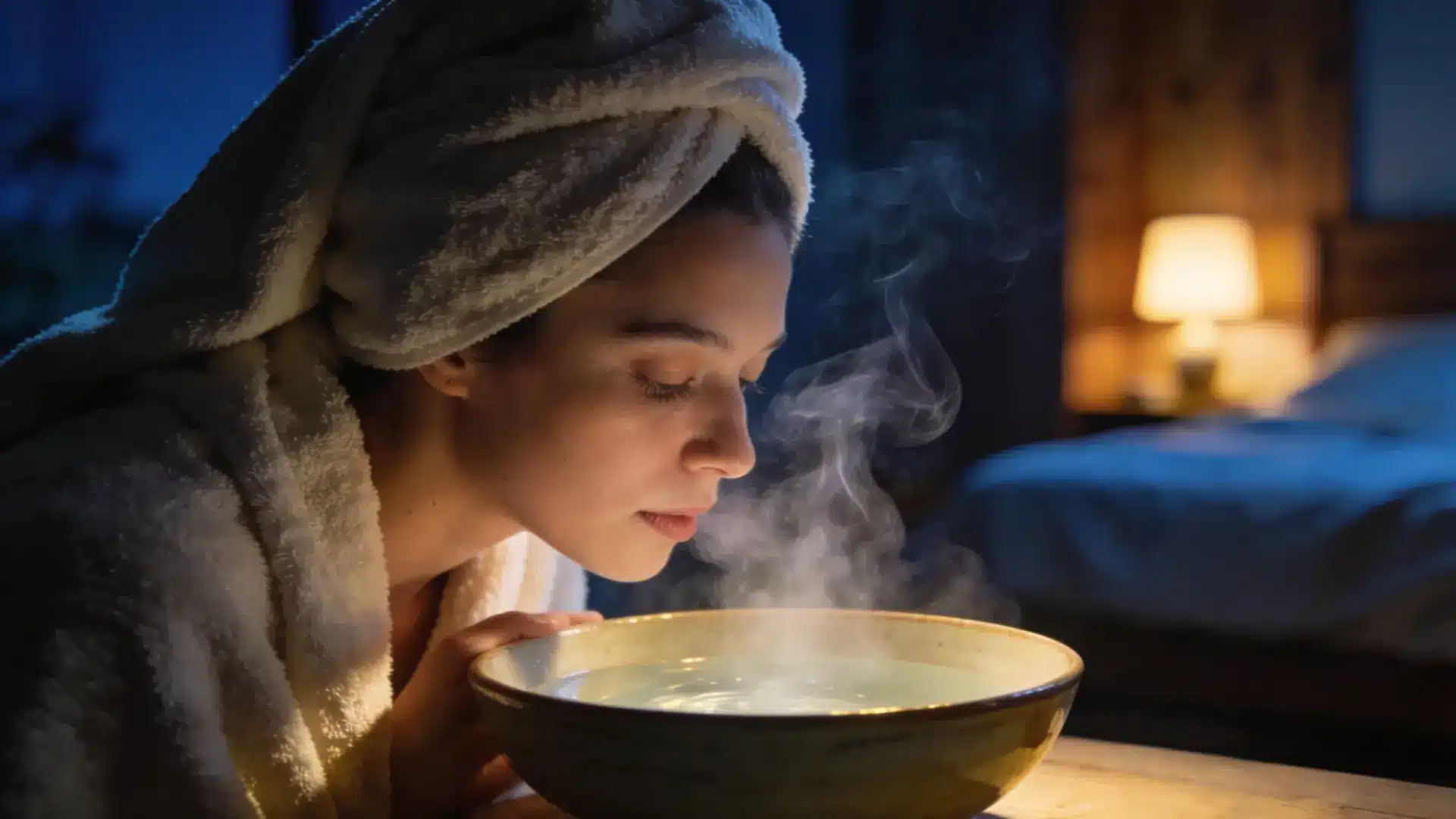 serene individual leaning over a ceramic bowl of hot water, draped in a soft, plush towel that covers their head and the bowl to trap the steam
