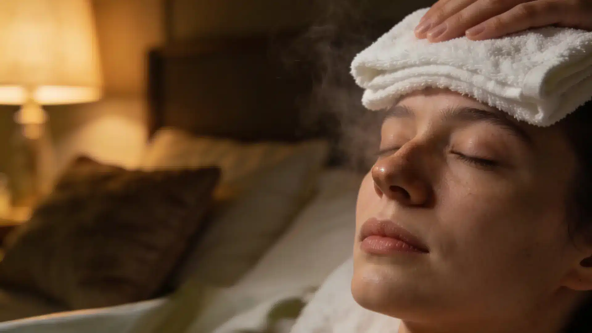 serene individual with a peaceful expression, eyes gently closed in relief, pressing a folded, soft white towel against their forehead and nose bridge