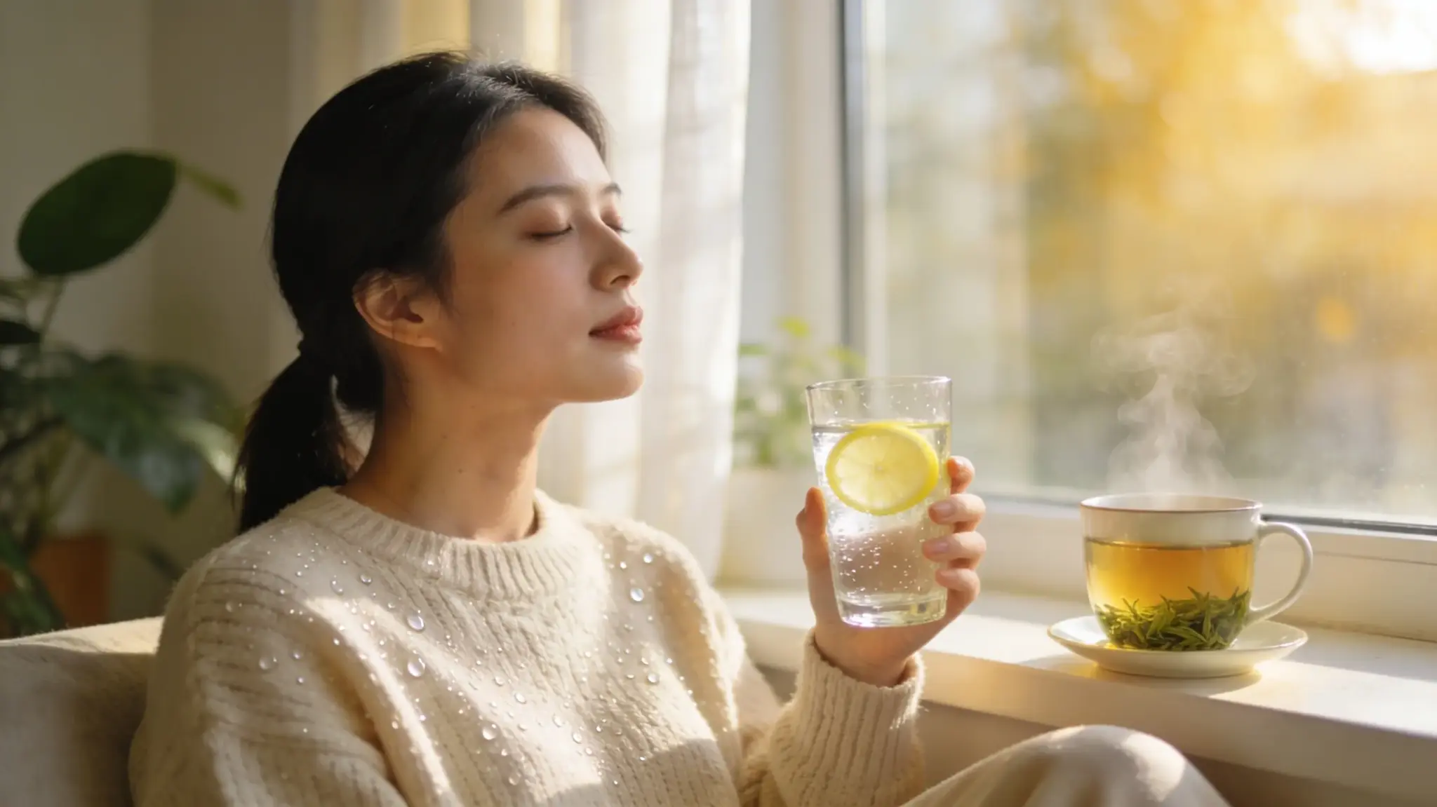 serene young woman with fresh, hydrated skin, wearing a soft beige knit sweater