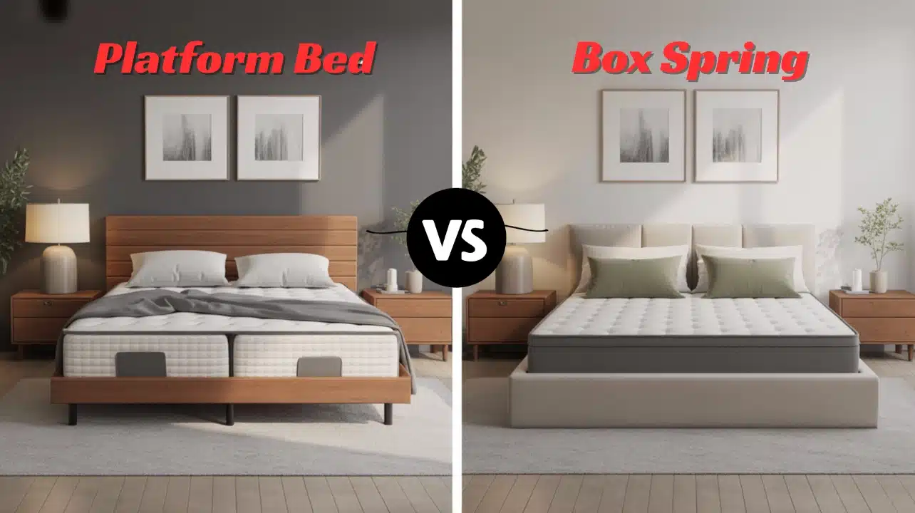 side by side comparison of a platform bed in a dark grey bedroom versus a box spring bed in a light beige bedroom setup