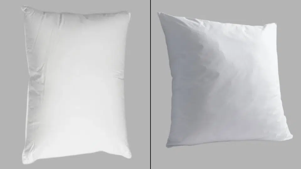 side-by-side standard rectangular pillow vs square euro pillow showing size and shape difference