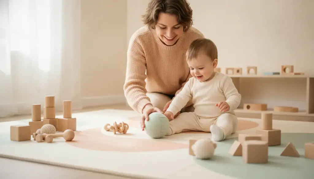 Mother and baby playing with wooden toys on soft floor mat in sunlit room