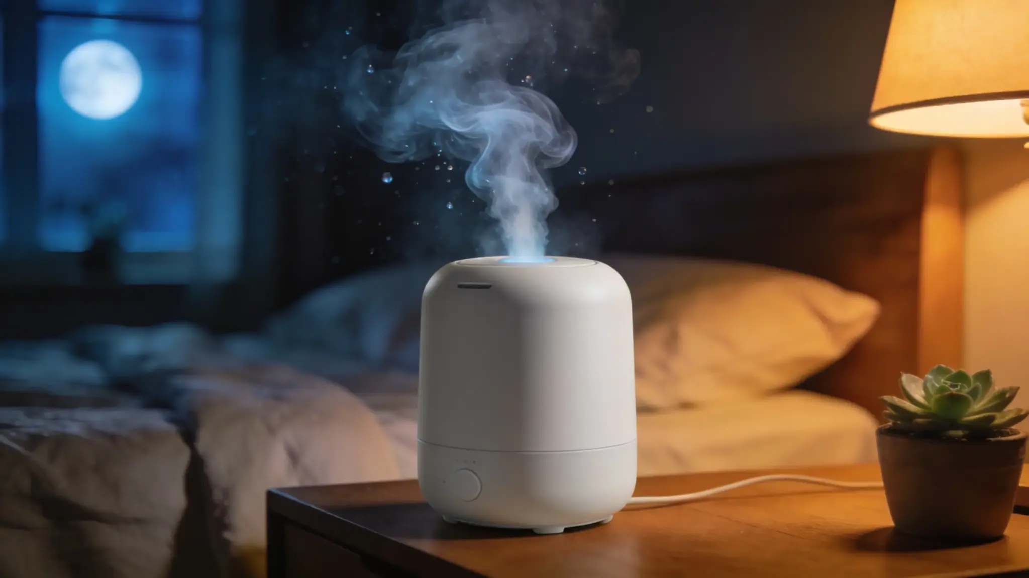 sleek, modern ultrasonic humidifier with a minimalist matte white finish, resting on a wooden nightstand