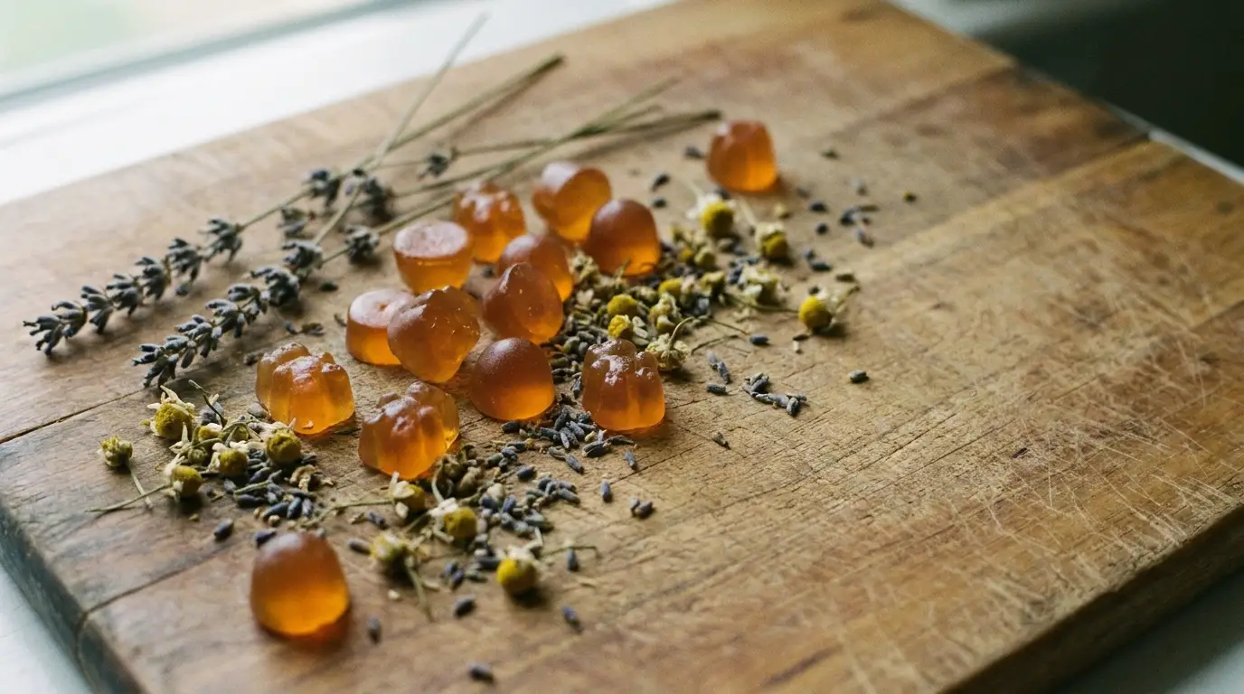 Orange gummies and dried herbs on wooden board with natural lighting