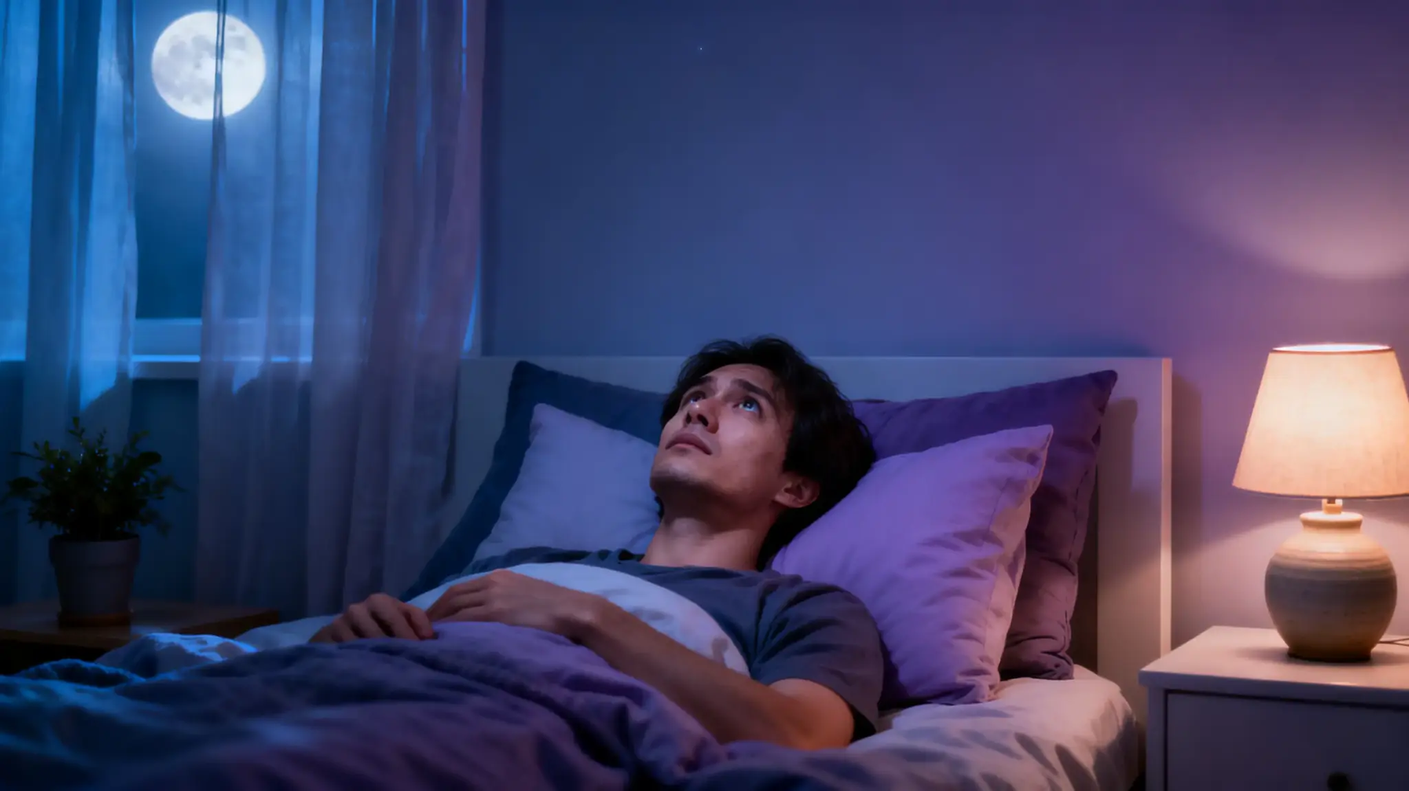 Man lying awake in bed at night with moonlight through window and bedside lamp lit
