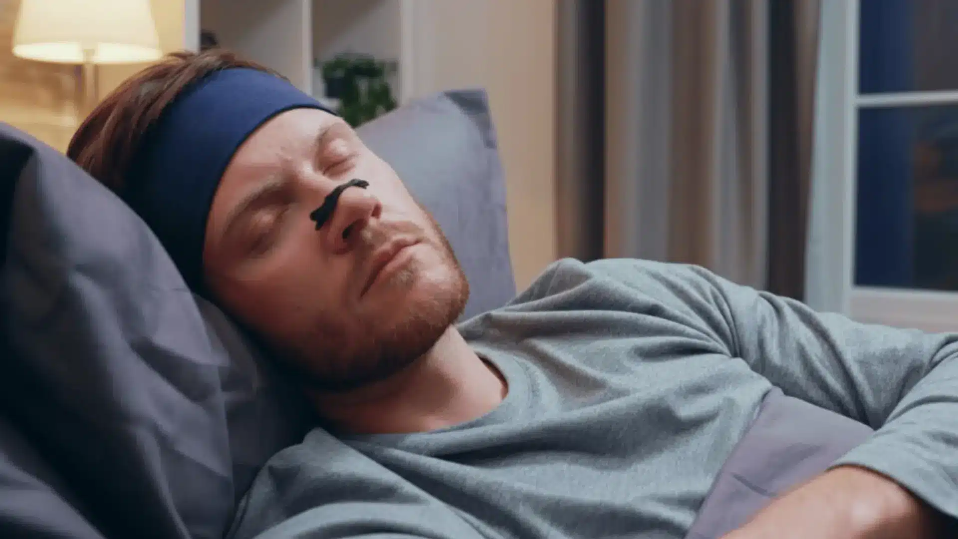 sleeping comfortably with nasal strip on nose, wearing headband, lying on pillow in bedroom, showing improved breathing and reduced nighttime congestion