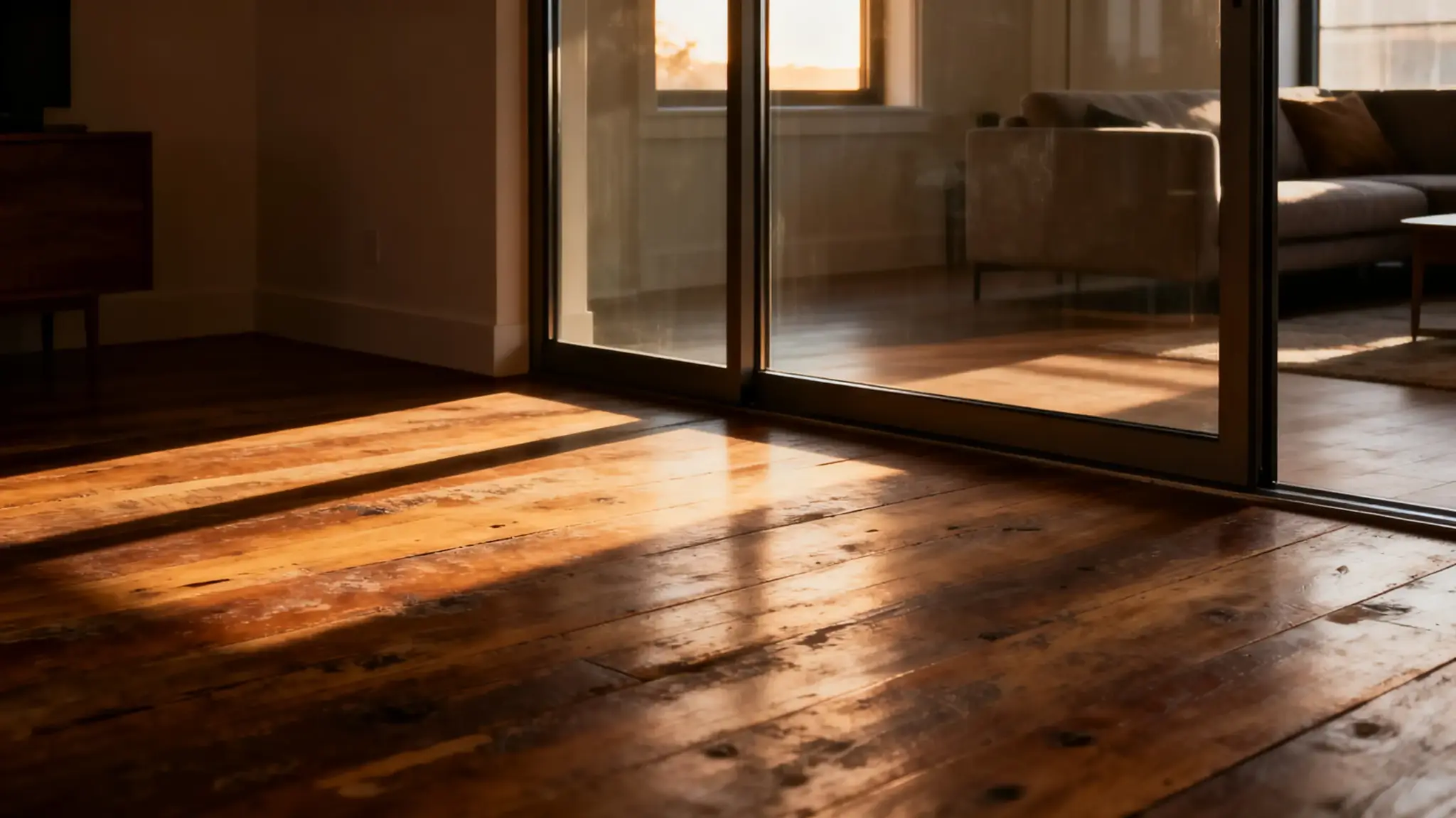 Sunlit wooden floor and modern sofa through glass doors in cozy living room setting